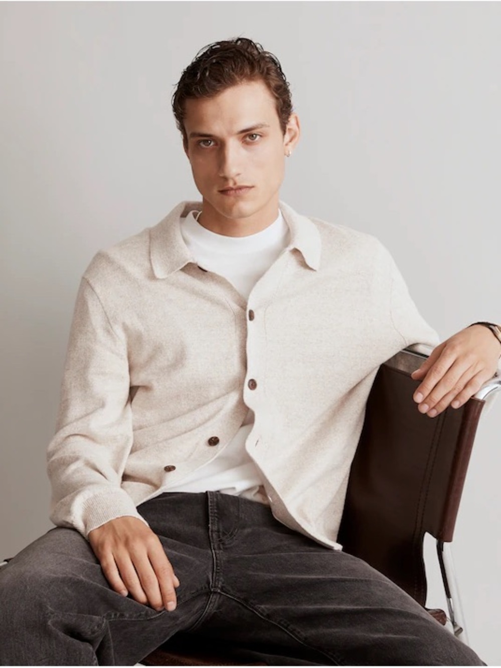 Madewell Men’s Button Up Sweater Jacket Cream Knit Collared NM582 Size Large